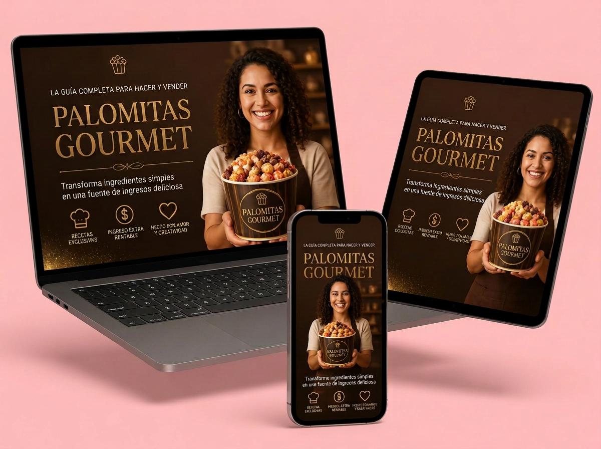 Curso Palomitas Gourmet mostrado en laptop, tablet y celular