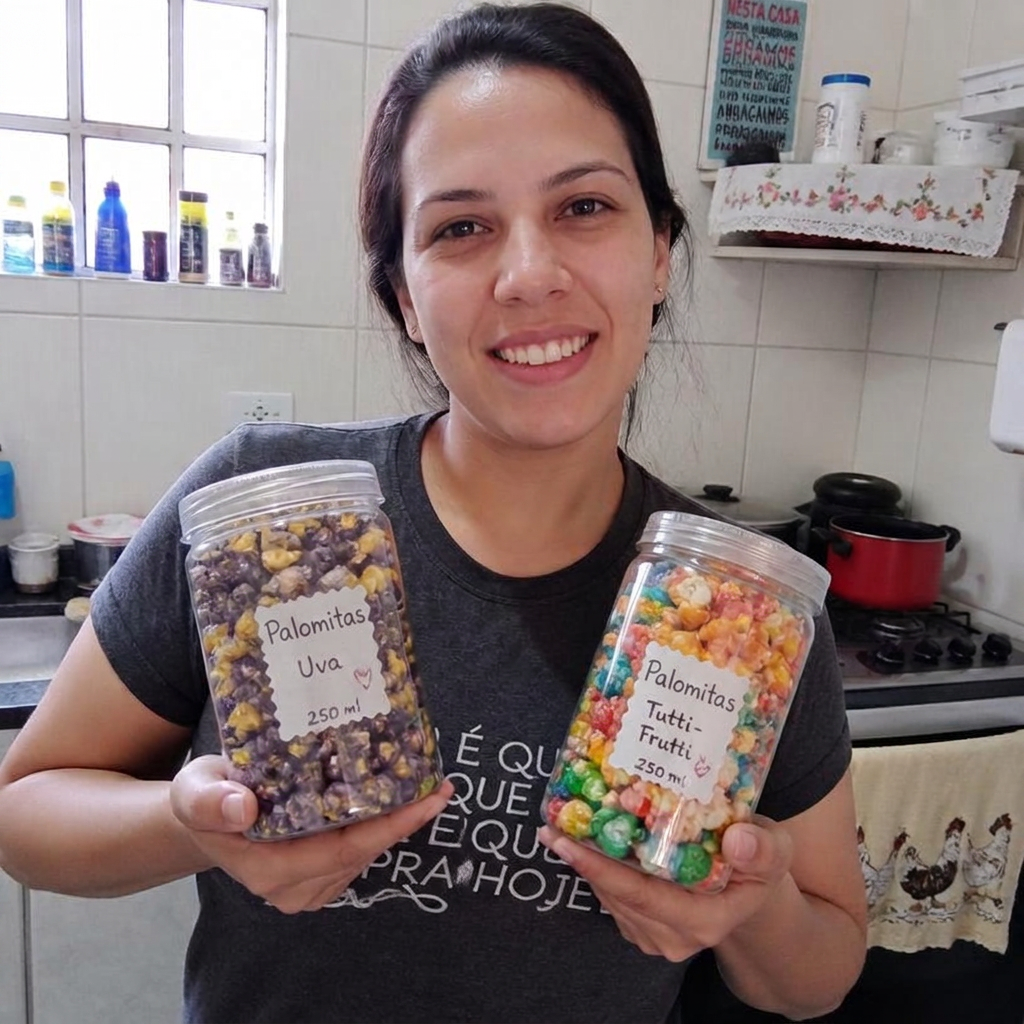 Alumna sosteniendo botes de palomitas gourmet hechos en casa