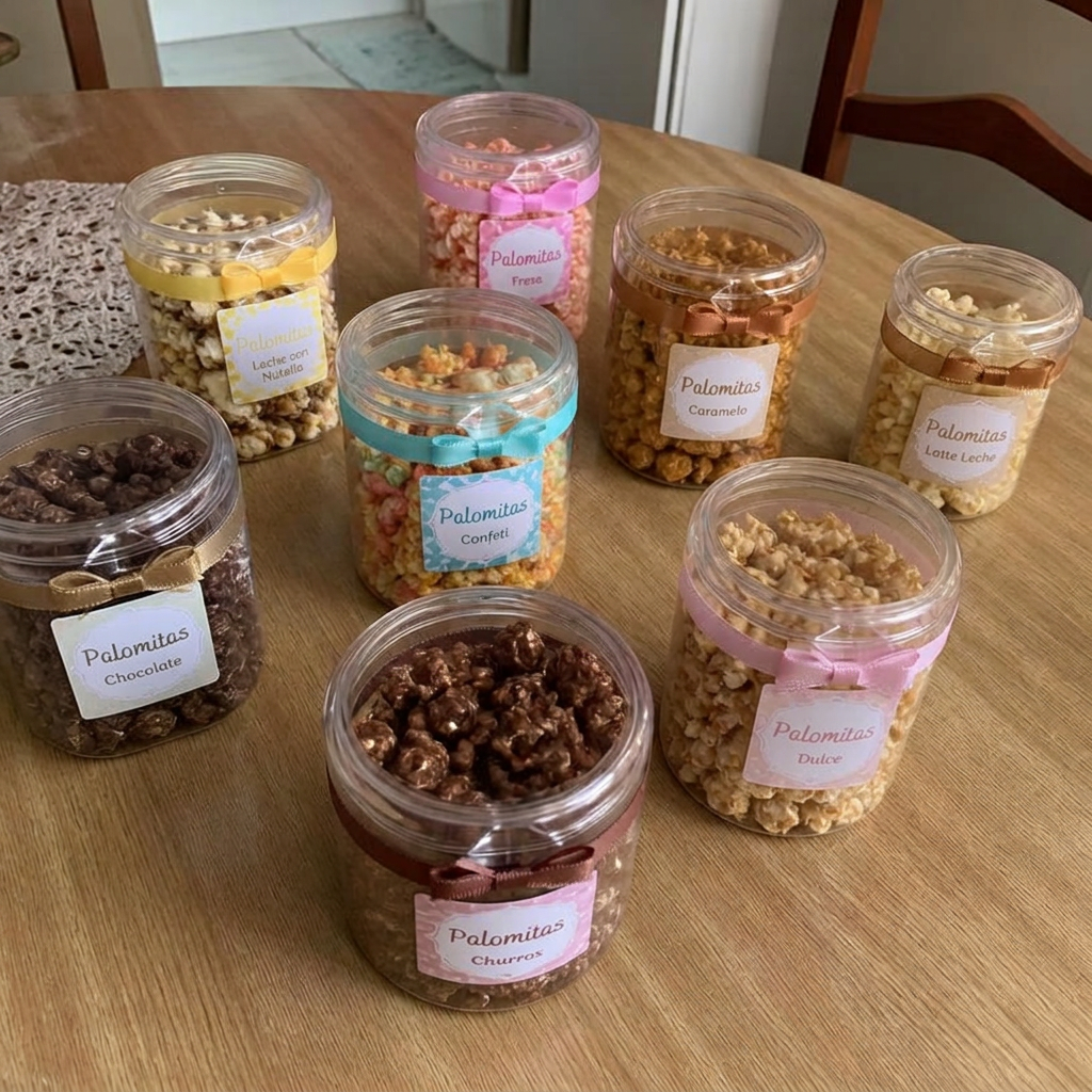 Foto enviada por WhatsApp con botes de palomitas gourmet listos